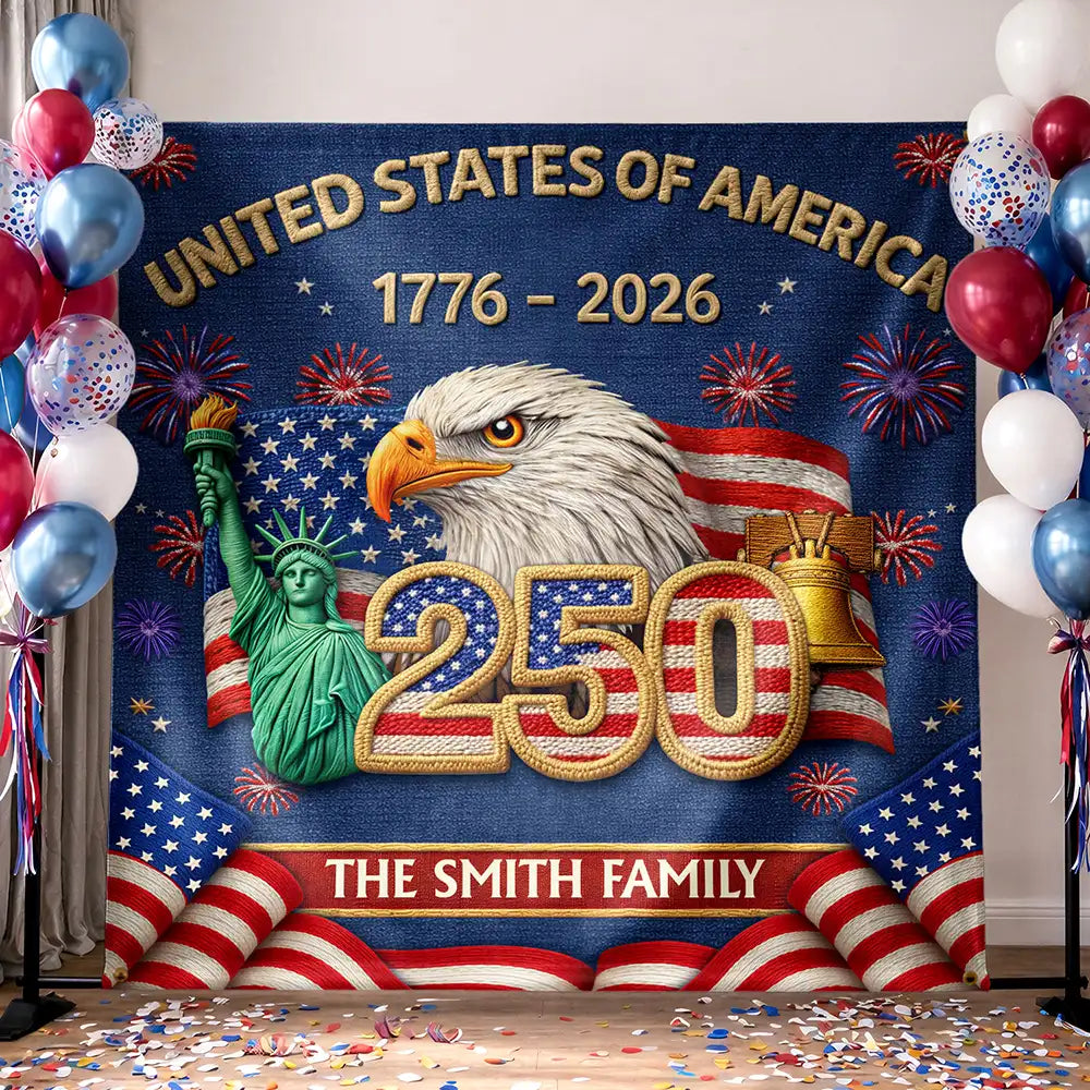 Faux Embroidery Effect America 250th Anniversary Family Name - Personalized Backdrop