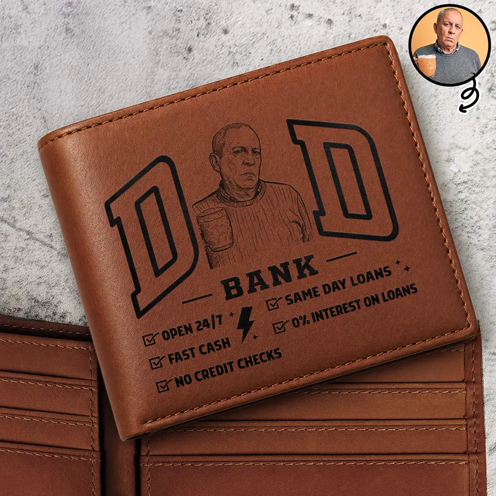 Gift For Father,Custom Photo,Art Design,Humorous,Photo - Pencil Sketch - Bold - Custom Photo Bold Sketch Dad Bank Funny Always Open Fast No Interest - Personalized Leather Wallet