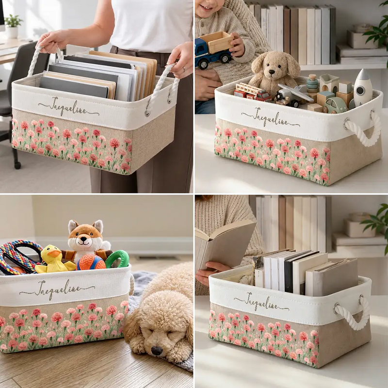 Birth Month Flower Watercolor Blooming In Love - Personalized Storage Basket