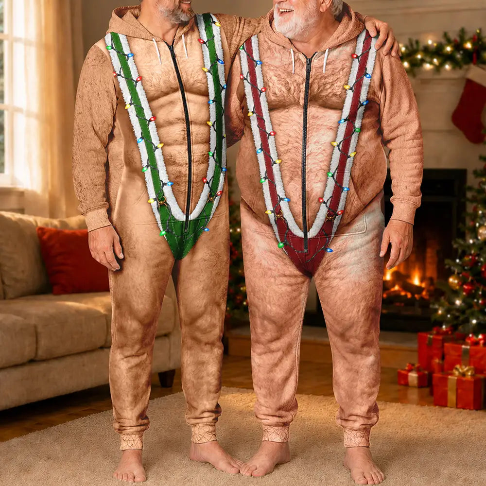 Funny Santa Hairy Body Gifts For Husband Dad Grandpa Brother - Personalized Overall Onesie Hooded Jumpsuit