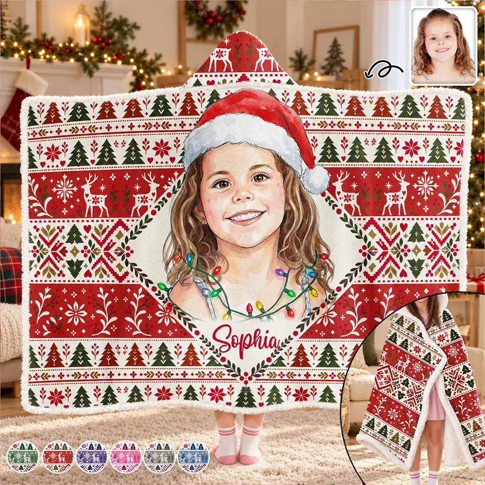 Art Design,Christmas,Custom Photo,Gift For Kids,Happy,Photo - Portrait With Santa Hat & Christmas Lights - Christmas Gifts For Kids - Personalized Custom Photo Watercolor Portrait Wearable Hooded Blanket