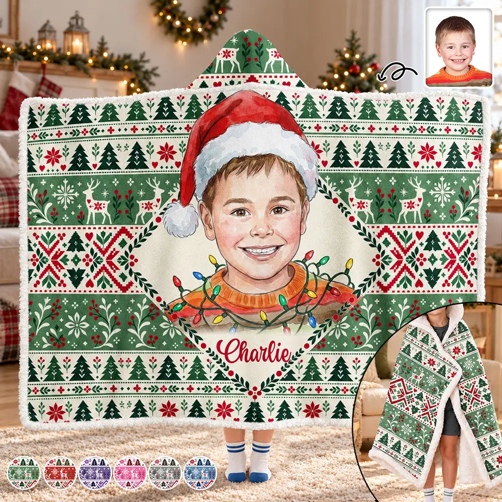 Art Design,Christmas,Custom Photo,Gift For Kids,Happy,Photo - Portrait With Santa Hat & Christmas Lights - Christmas Gifts For Kids - Personalized Custom Photo Watercolor Portrait Wearable Hooded Blanket