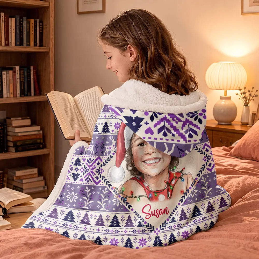 Art Design,Christmas,Custom Photo,Gift For Kids,Happy,Photo - Portrait With Santa Hat & Christmas Lights - Christmas Gifts For Kids - Personalized Custom Photo Watercolor Portrait Wearable Hooded Blanket