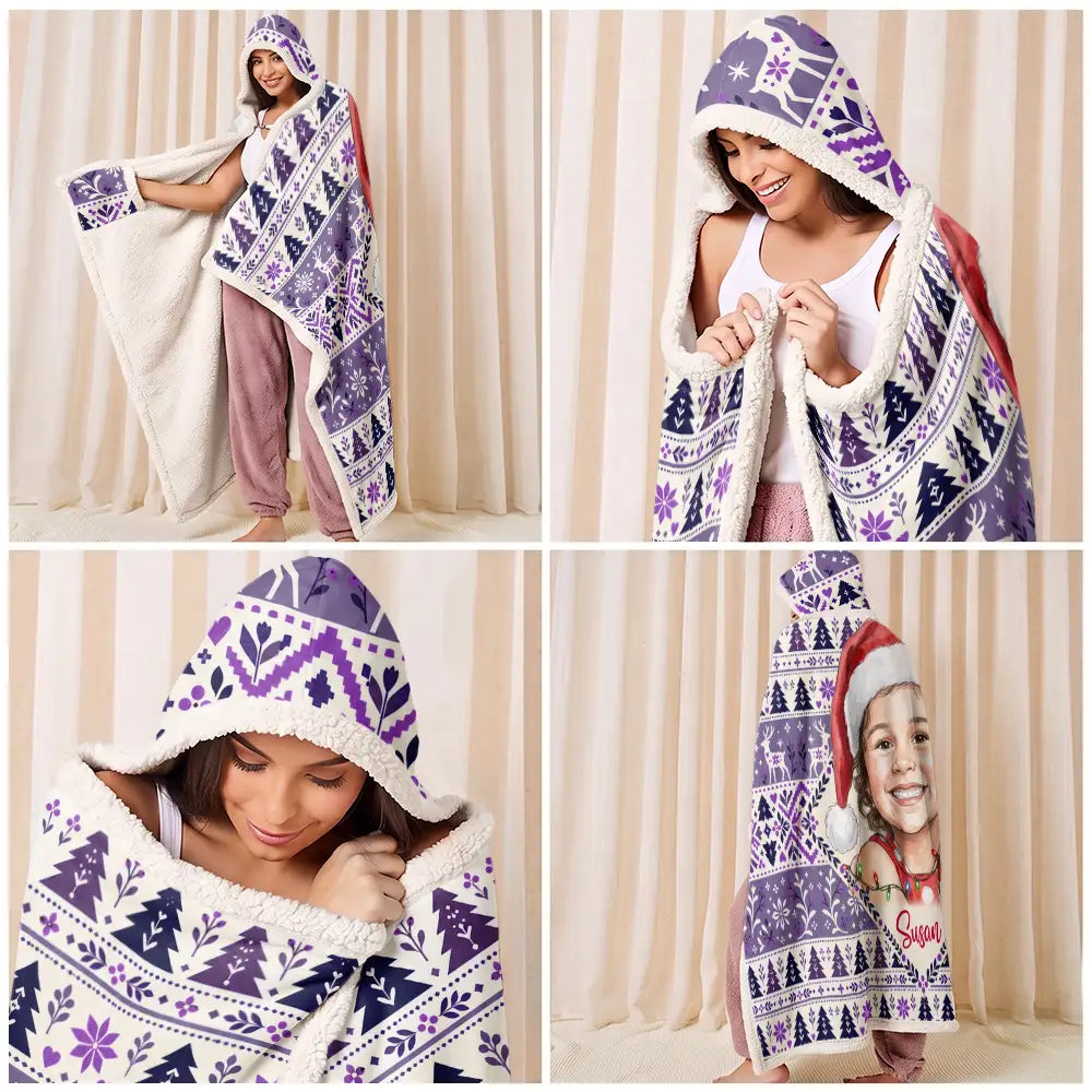 Art Design,Christmas,Custom Photo,Gift For Kids,Happy,Photo - Portrait With Santa Hat & Christmas Lights - Christmas Gifts For Kids - Personalized Custom Photo Watercolor Portrait Wearable Hooded Blanket