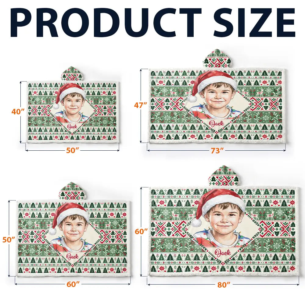 Art Design,Christmas,Custom Photo,Gift For Kids,Happy,Photo - Portrait With Santa Hat & Christmas Lights - Christmas Gifts For Kids - Personalized Custom Photo Watercolor Portrait Wearable Hooded Blanket