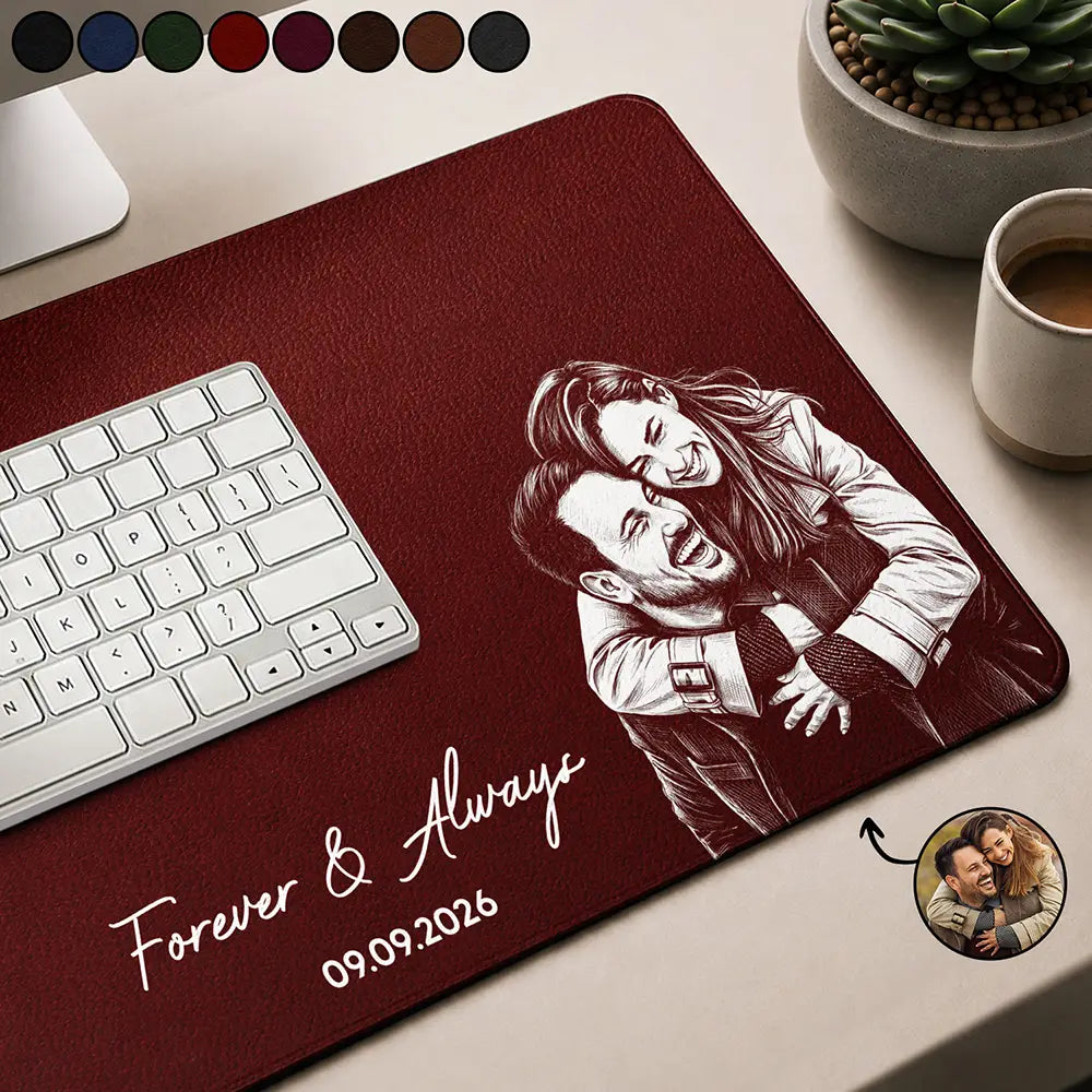 Anniversary Gift For Husband Boyfriend - Personalized Custom Photo Pencil Sketch Couple Portrait Leather Desk Mat
