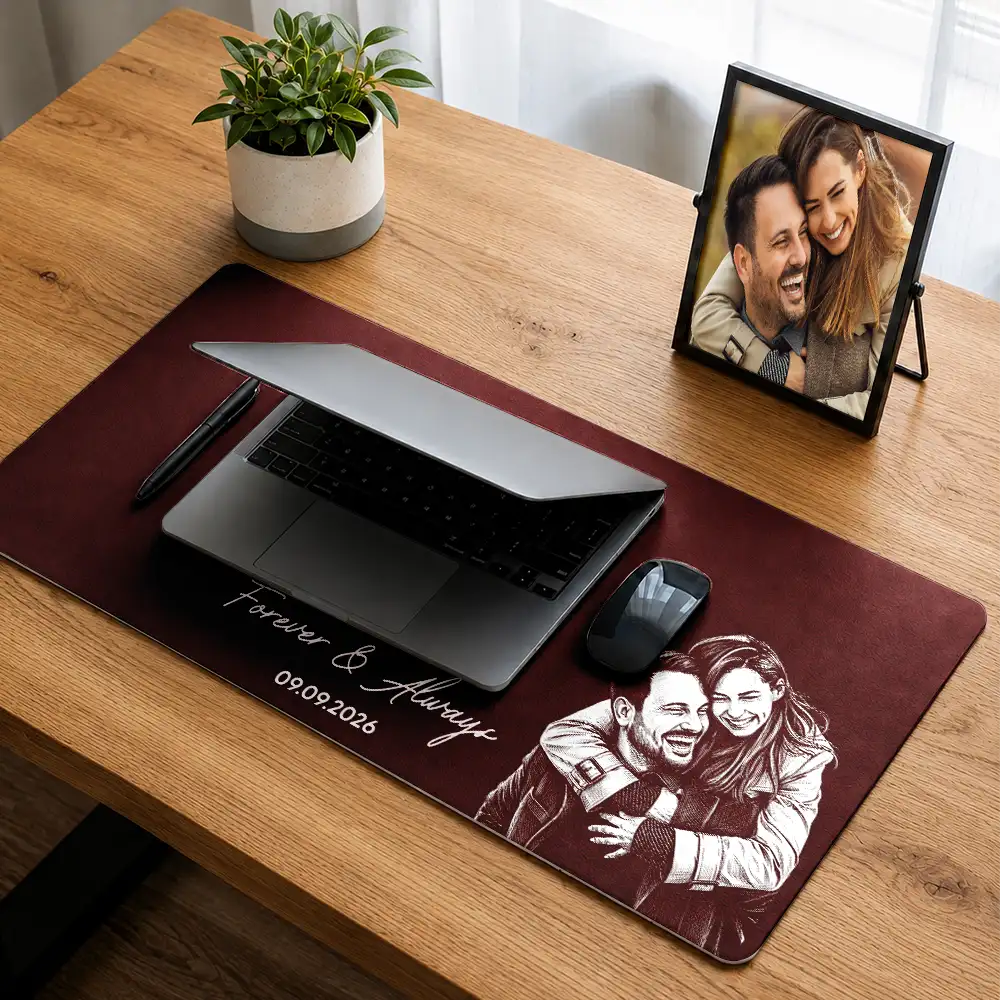 Art Design,Custom Photo,Gift For Men,Gift For Yourself,Gifts For Him,Happy,Photo - Pencil Sketch - Dark BG,Top Market - Anniversary Gift For Husband Boyfriend - Personalized Custom Photo Pencil Sketch Couple Portrait Leather Desk Mat