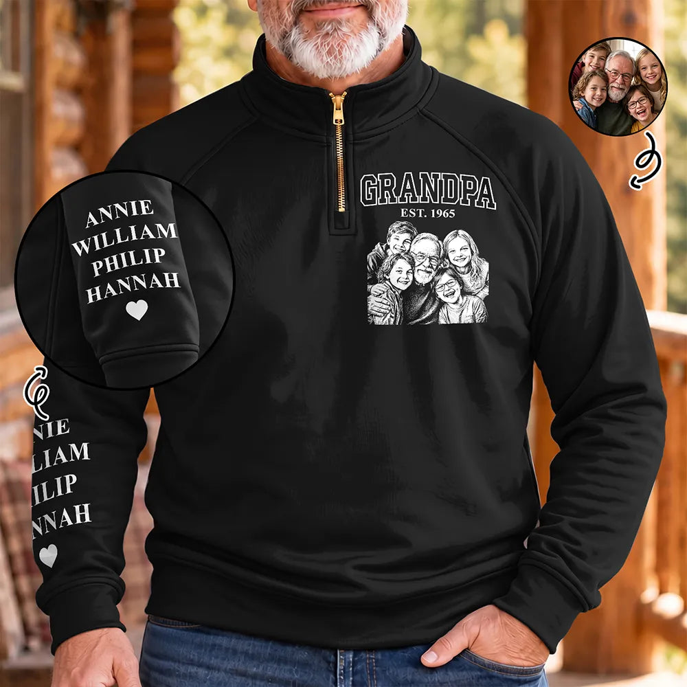 Gift For Grandpa Papa - Personalized Custom Photo Pencil Sketch Grandkids Names Quarter Zip Sweatshirt