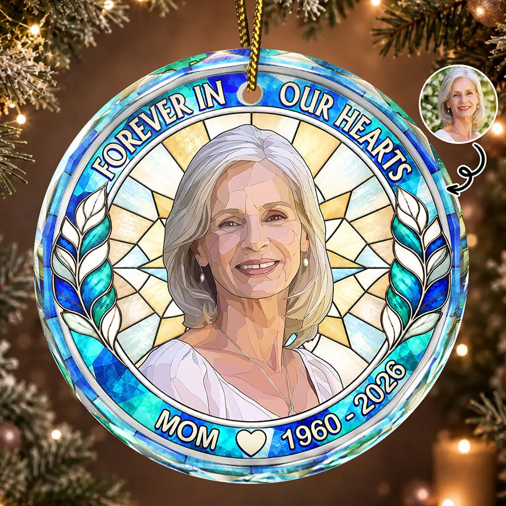 Memorial Sympathy Gift For Lost Of Loved One - Personalized Custom Photo Forever In Our Hearts Circle Glass Ornament