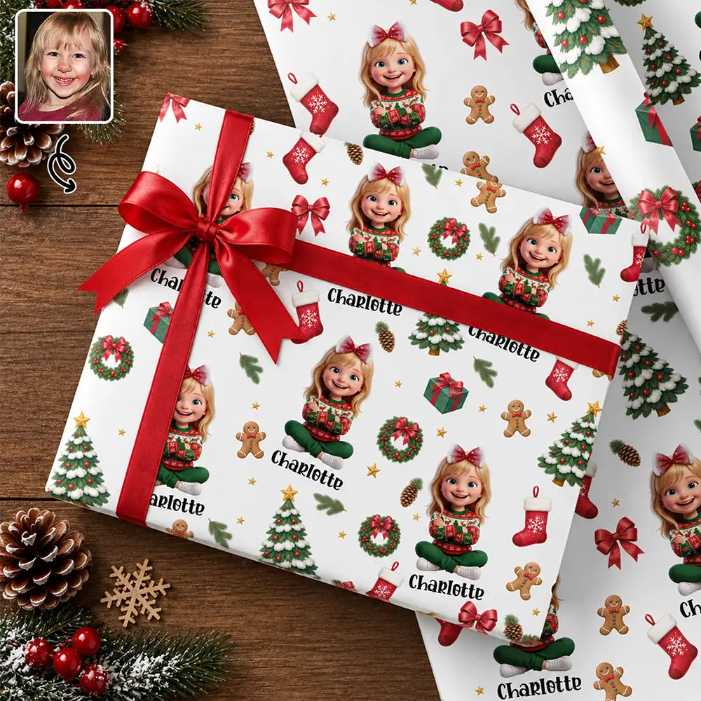 Art Design,Christmas,Custom Photo,Gift For Kids,Happy,Photo - Christmas Accessories 3D Cartoon Pet - Christmas Gift For Family - Personalized Custom Photo Pet Name Festive Pattern Wrapping Paper