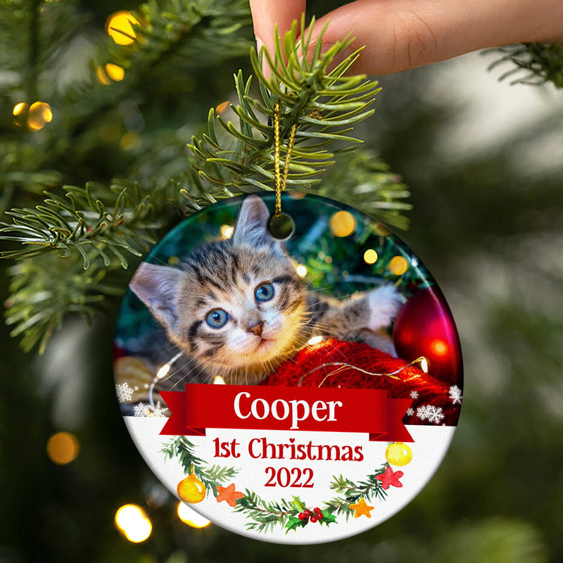 Custom Photo Dog Cat First Christmas - Christmas Gift For Pet Lovers - Personalized Custom Circle Ceramic Ornament
