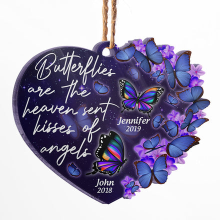 Les papillons sont des baisers envoyés par le ciel - Cadeau commémoratif - Ornement en acrylique personnalisé en forme de cœur