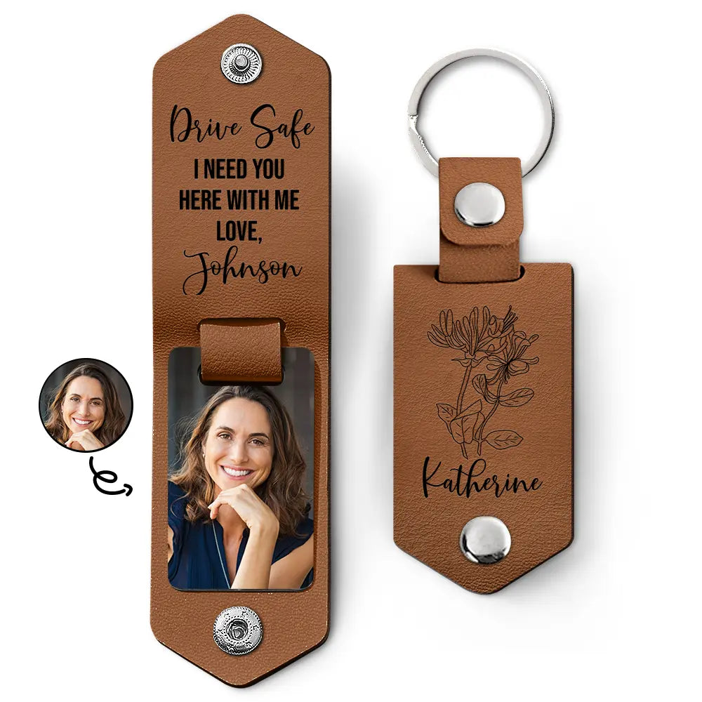 Custom Photo Birth Flower With Name Sketch - Gift For Her, Gift For Women - Personalized Leather Photo Keychain