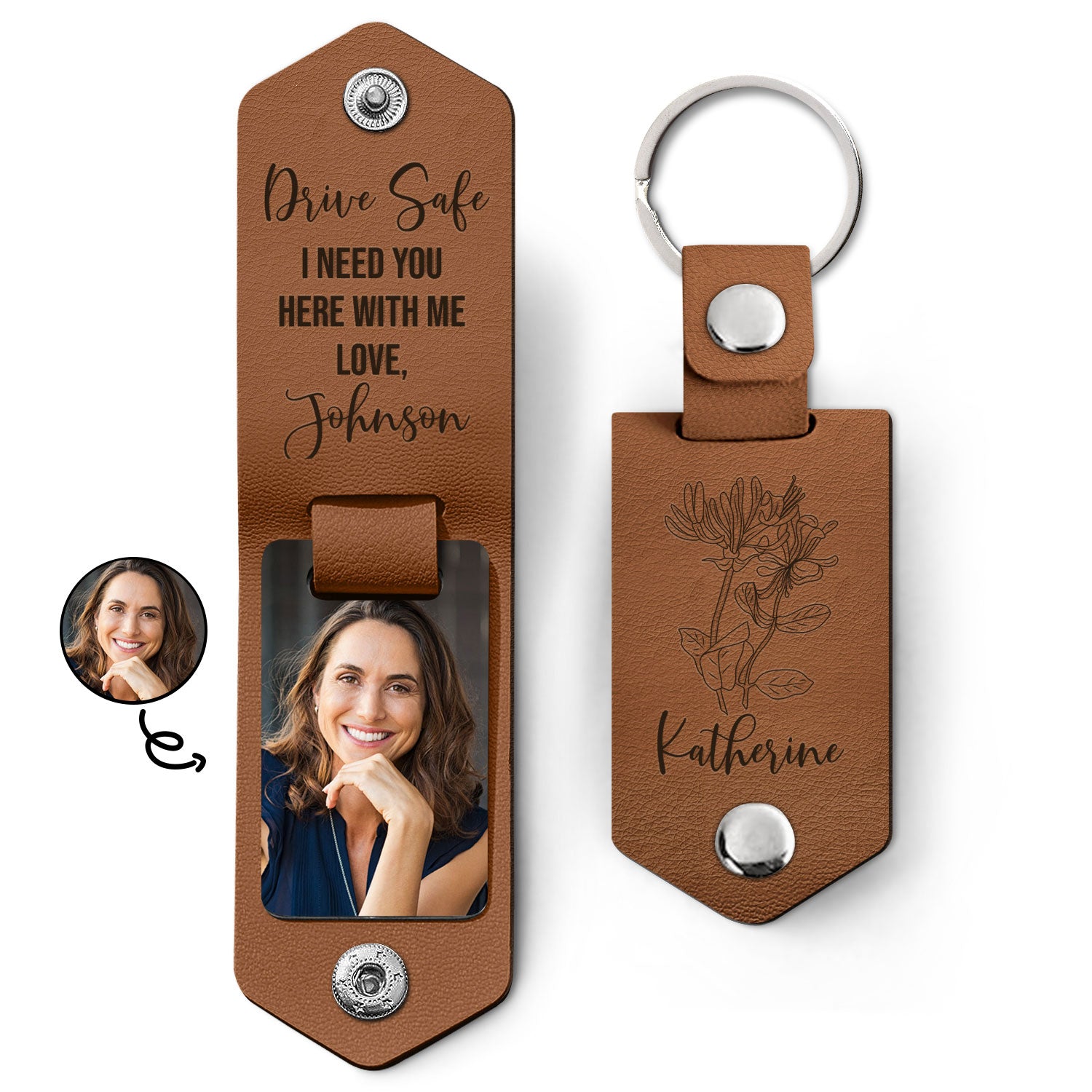 Custom Photo Birth Flower With Name Sketch - Gift For Her, Gift For Women - Personalized Leather Photo Keychain
