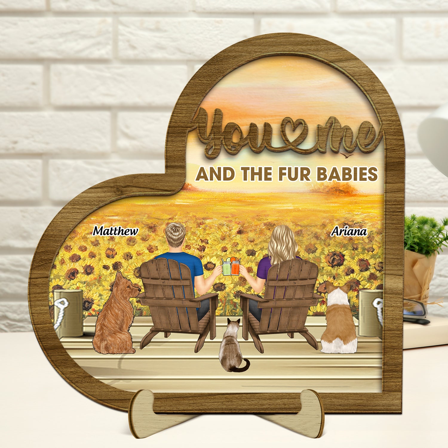 You And Me And The Fur Babies Sunflower - Gift For Pet Lovers - Personalized 2-Layered Wooden Plaque With Stand