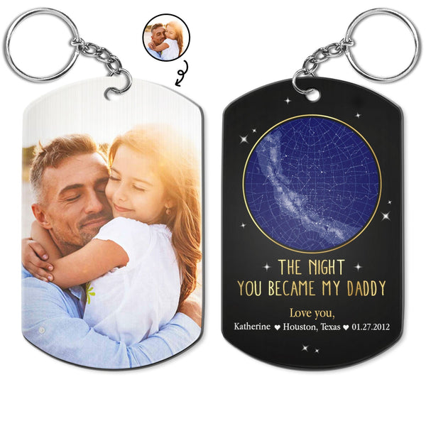 Carte des étoiles avec photo personnalisée « La nuit où tu es devenu mon papa » - Cadeau pour papa, père - Porte-clés personnalisé en aluminium