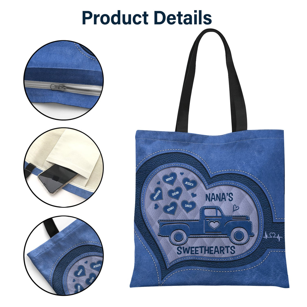 Nana's Sweethearts Leather Pattern - Gift For Grandma - Personalized Zippered Canvas Bag
