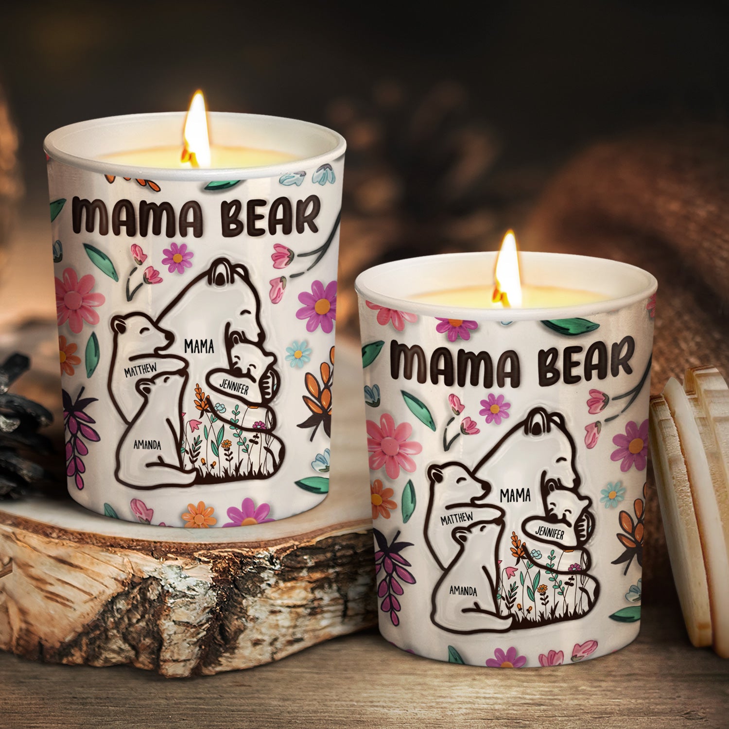 Mama Bear Floral Style - Birthday, Loving Gift For Mom, Mother, Grandma, Grandmother - 3D Inflated Effect Printed Candle, Personalized Scented Candle With Wooden Lid
