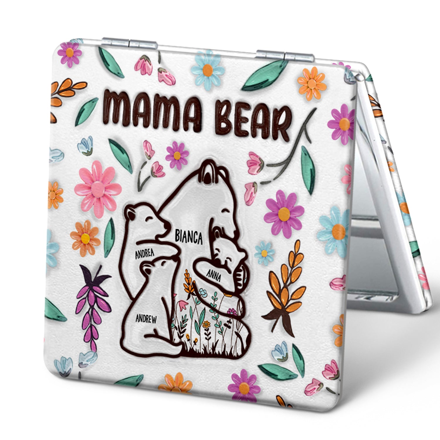 Mama Bear Floral Style - Birthday, Loving Gift For Mom, Mother, Grandma, Grandmother - 3D Inflated Effect Printed Mirror, Personalized Square Compact Mirror