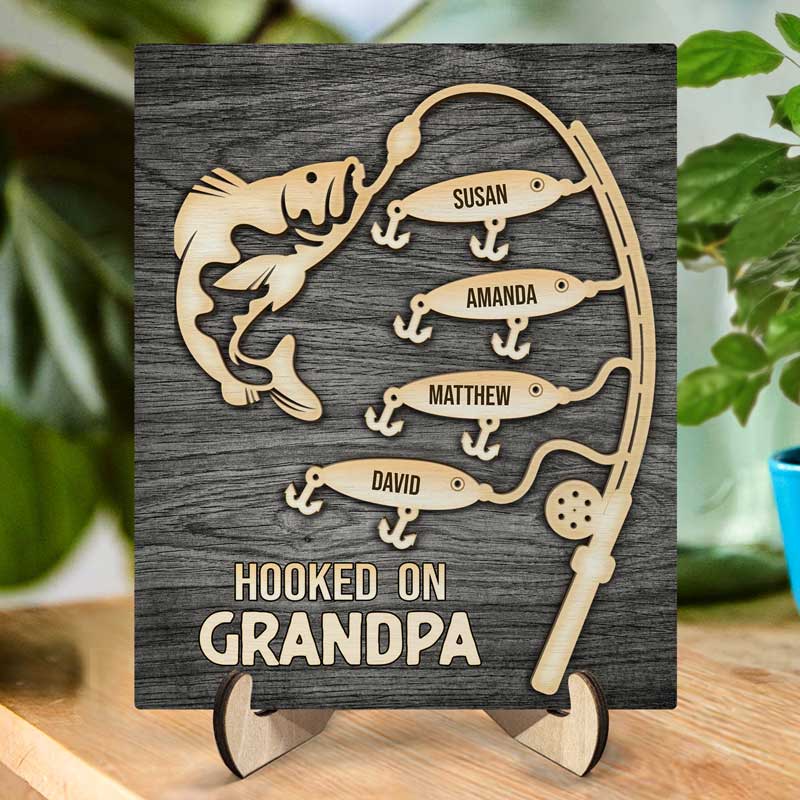 Hooked On Grandpa - Personalized 2-Layered Wooden Plaque With Stand