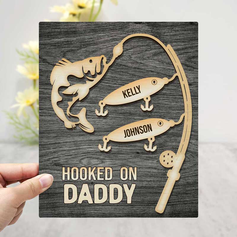 Hooked On Grandpa - Personalized 2-Layered Wooden Plaque With Stand