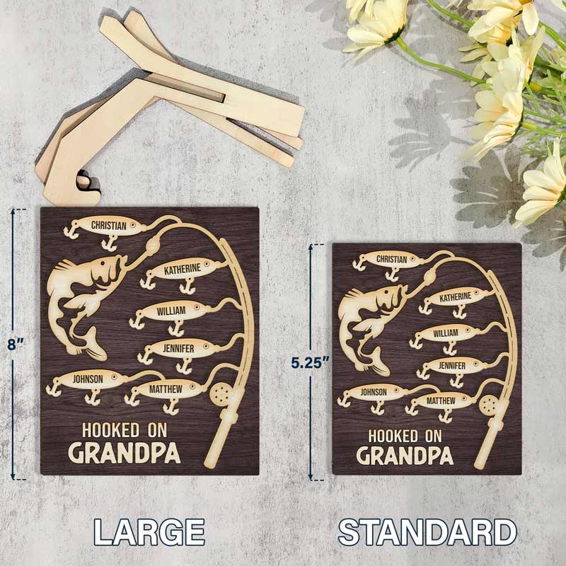 Hooked On Grandpa - Personalized 2-Layered Wooden Plaque With Stand