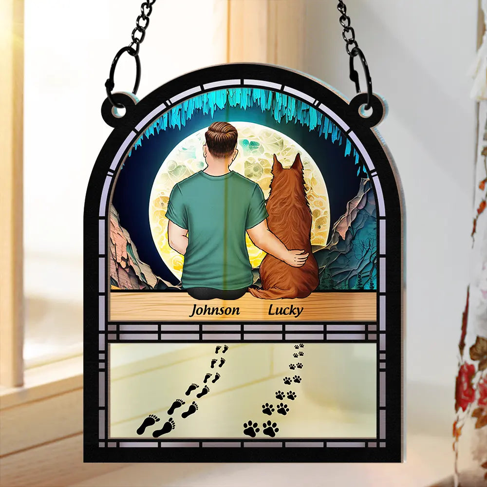 Walking Dog Dad - Personalized Window Hanging Suncatcher Ornament