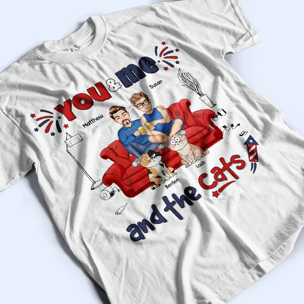 T-shirt personnalisé « Toi, moi et les chats » avec étoiles et rayures