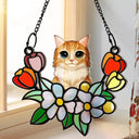 Cat In Tulip Flowers Stained Glass - Personalized Window Hanging Suncatcher Ornament