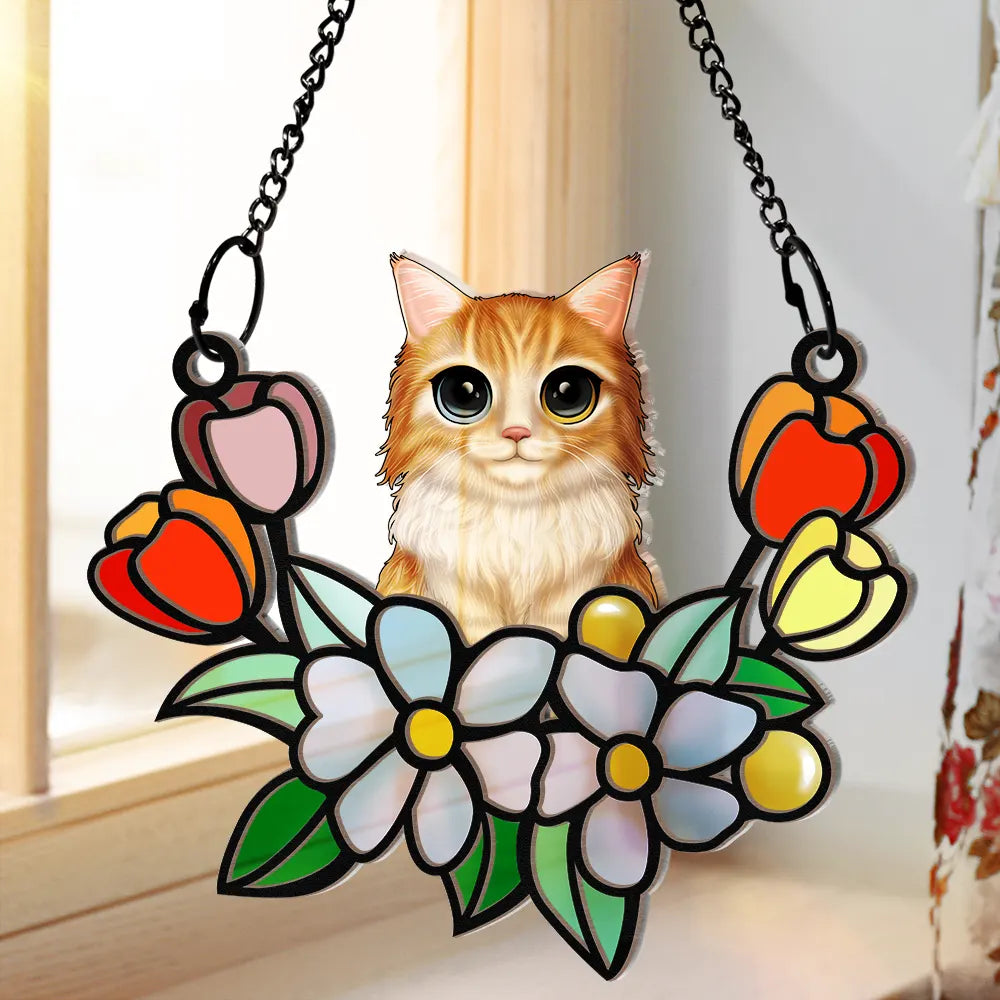 Cat In Tulip Flowers Stained Glass - Personalized Window Hanging Suncatcher Ornament