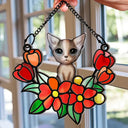 Cat In Tulip Flowers Stained Glass - Personalized Window Hanging Suncatcher Ornament