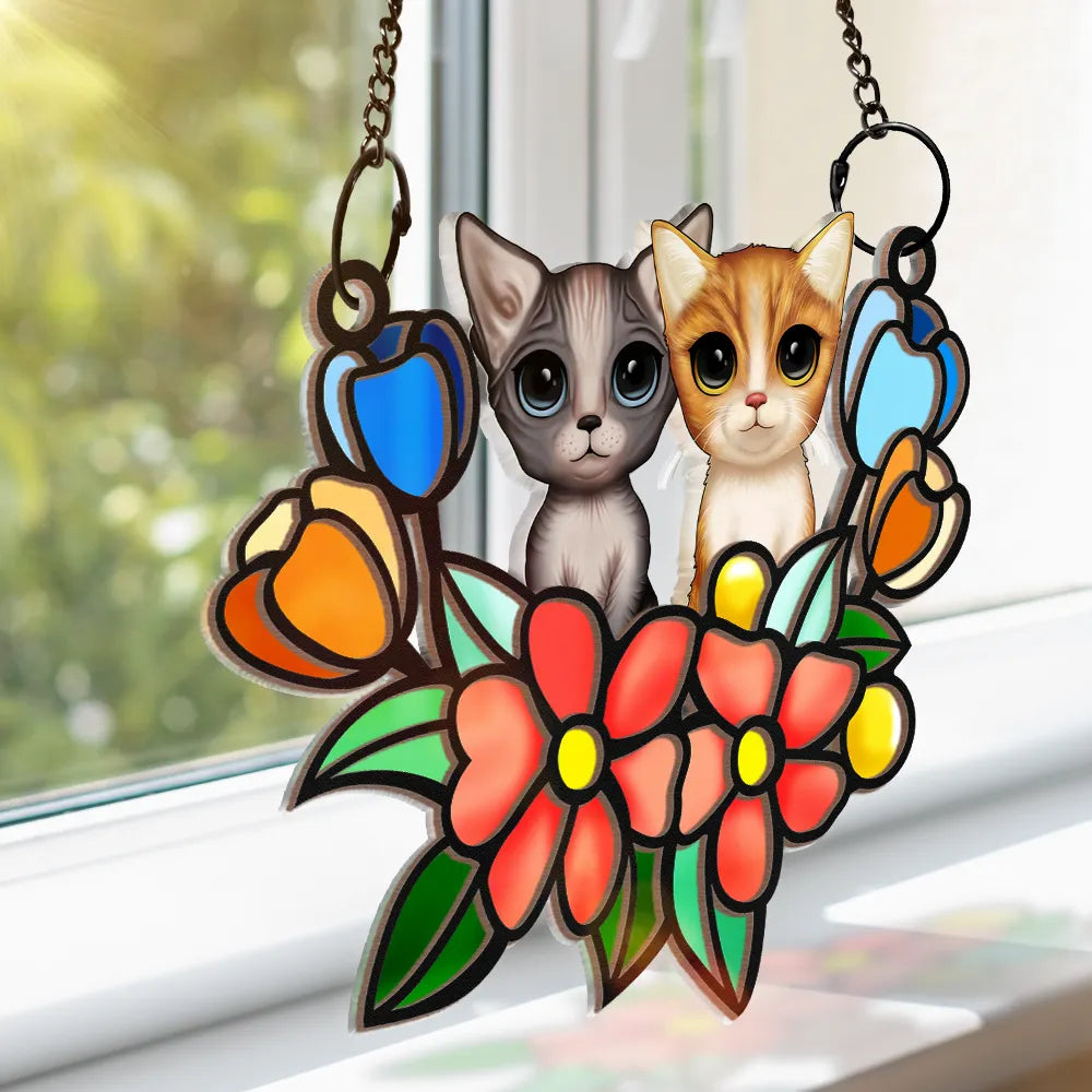 Cat In Tulip Flowers Stained Glass - Personalized Window Hanging Suncatcher Ornament