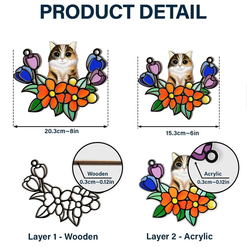 Cat In Tulip Flowers Stained Glass - Personalized Window Hanging Suncatcher Ornament
