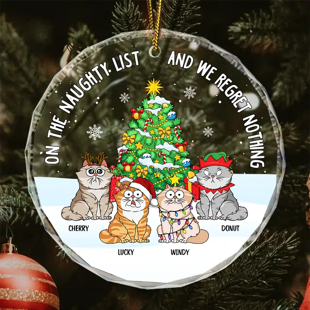 Christmas Funny Cartoon Cats On The Naughty List - Personalized Circle Glass Ornament