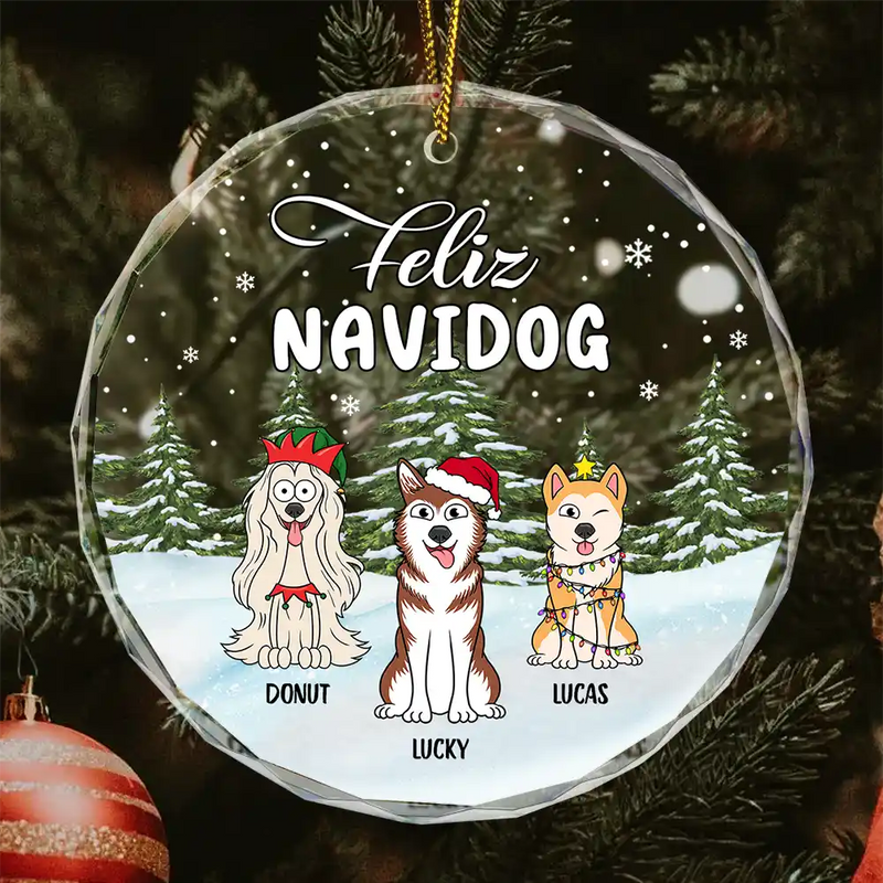 Christmas Feliz Navidog - Personalized Circle Glass Ornament