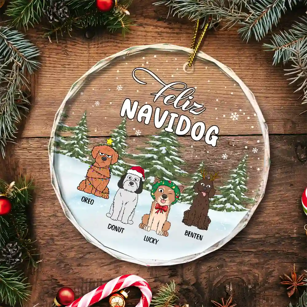 Christmas Feliz Navidog - Personalized Circle Glass Ornament