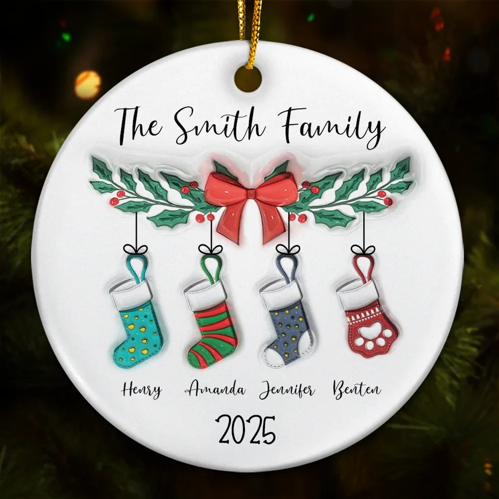 Family Stocking - 3D Inflated Effect Printed Ornament, Personalized Circle Ceramic Ornament