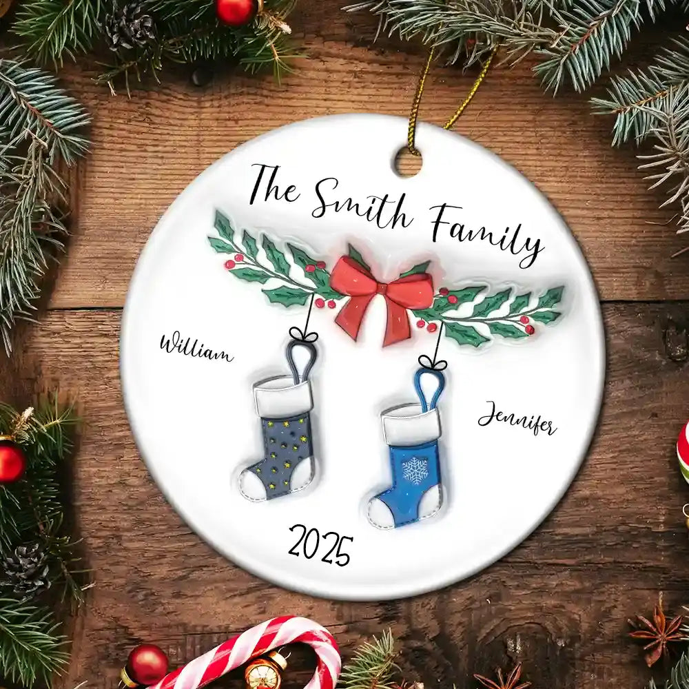 Family Stocking - 3D Inflated Effect Printed Ornament, Personalized Circle Ceramic Ornament