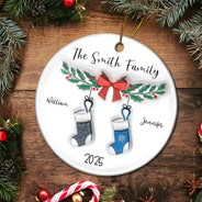 Family Stocking - 3D Inflated Effect Printed Ornament, Personalized Circle Ceramic Ornament
