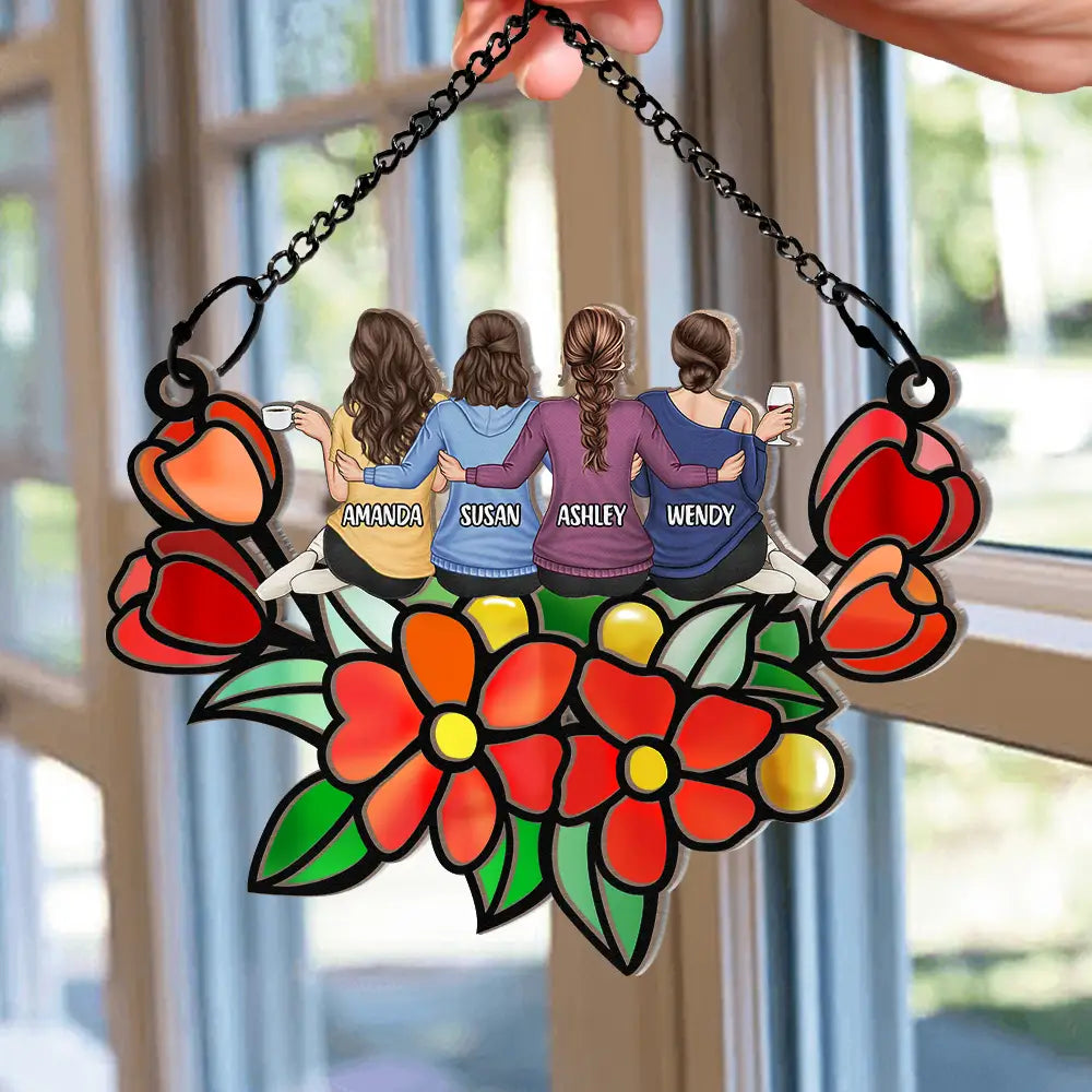 Besties In Tulip Flowers - Personalized Window Hanging Suncatcher Ornament