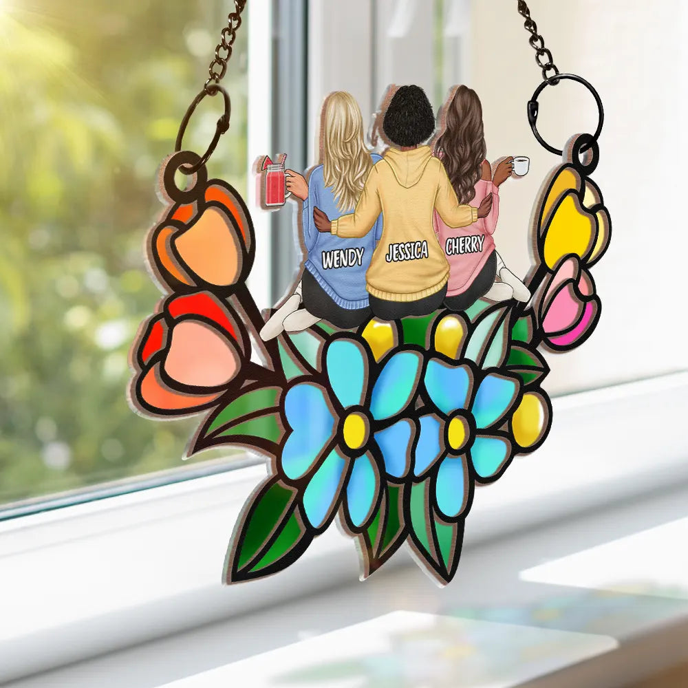 Besties In Tulip Flowers - Personalized Window Hanging Suncatcher Ornament