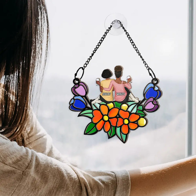 Besties In Tulip Flowers - Personalized Window Hanging Suncatcher Ornament