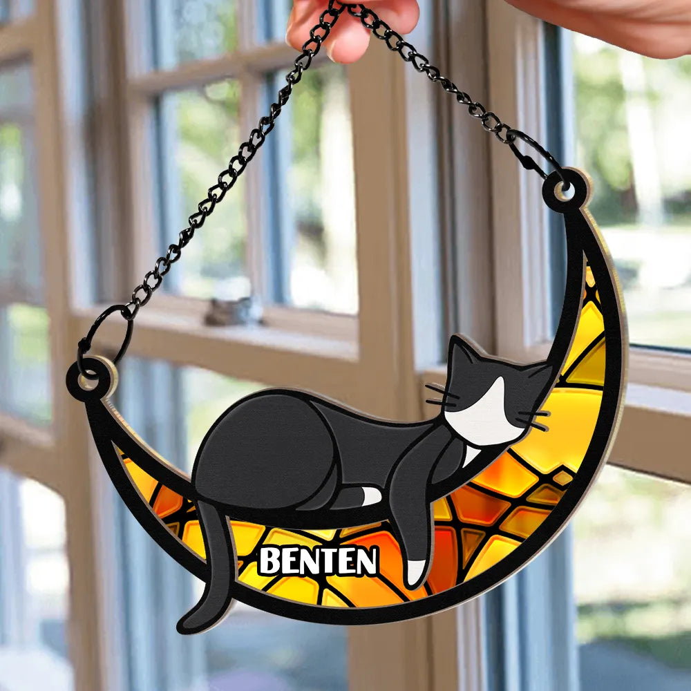 Sleeping Cat On Moon - Personalized Window Hanging Suncatcher Ornament