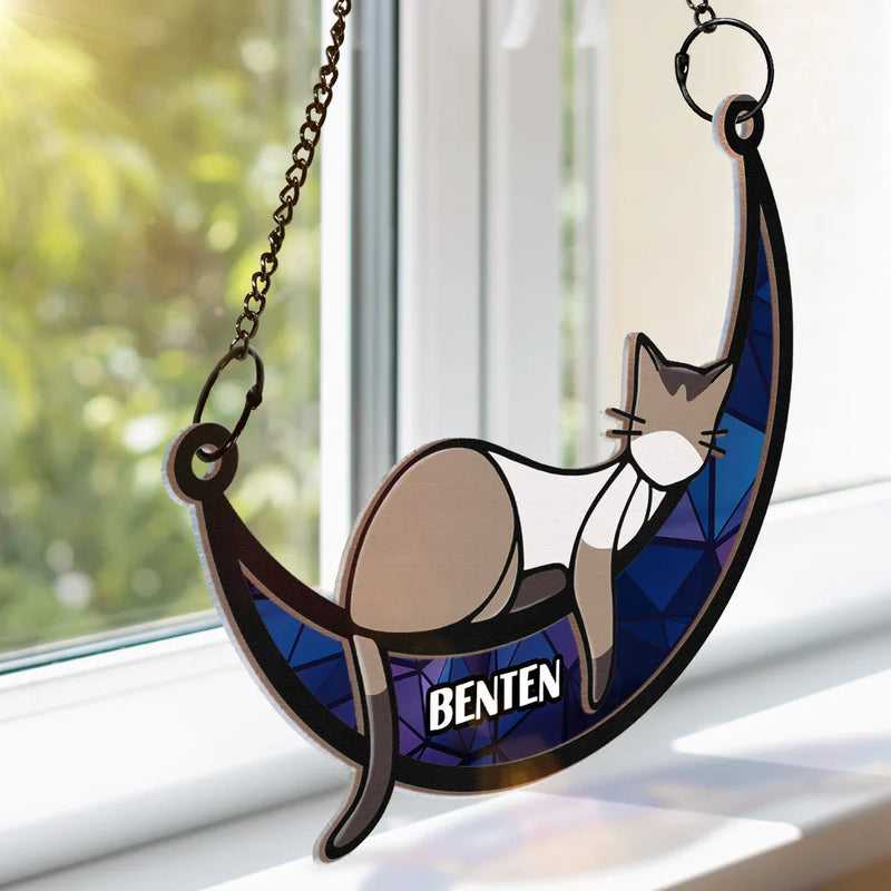 Sleeping Cat On Moon - Personalized Window Hanging Suncatcher Ornament