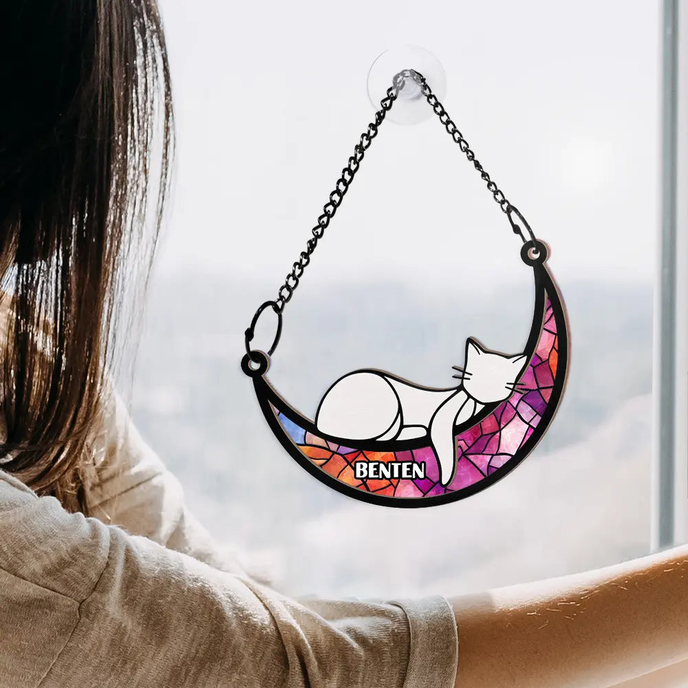 Sleeping Cat On Moon - Personalized Window Hanging Suncatcher Ornament