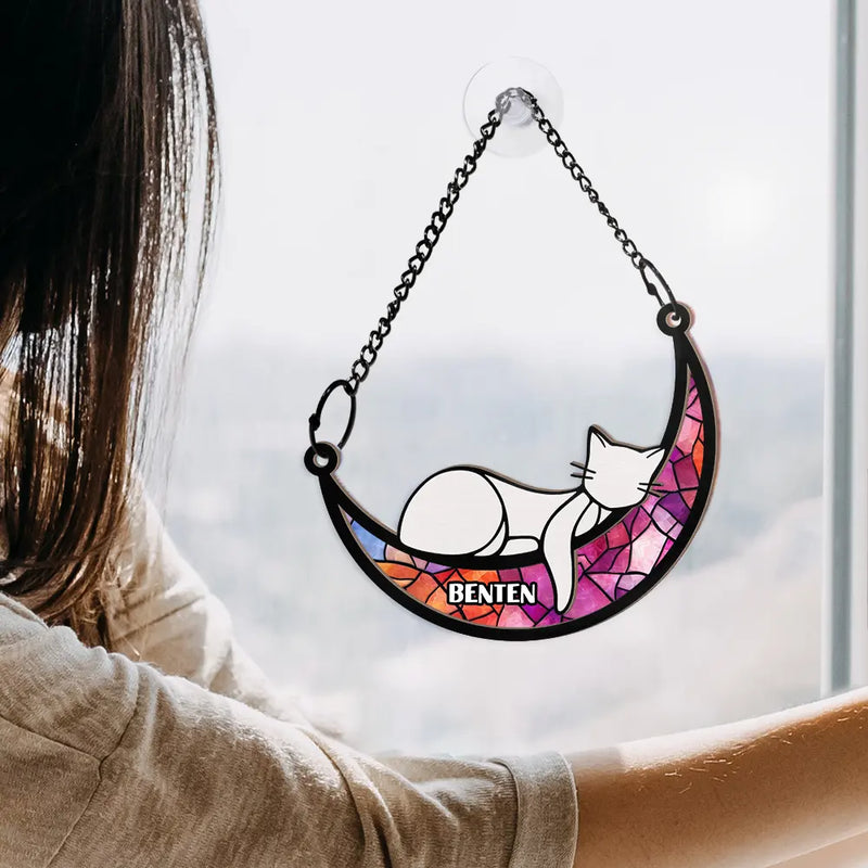 Sleeping Cat On Moon - Personalized Window Hanging Suncatcher Ornament