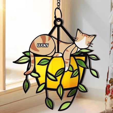 Chat endormi sur un pot de fleurs – Ornement attrape-soleil personnalisé à suspendre à une fenêtre 