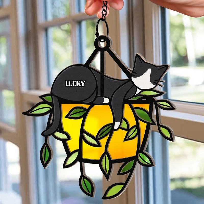 Sleeping Cat On Plant Pot - Personalized Window Hanging Suncatcher Ornament