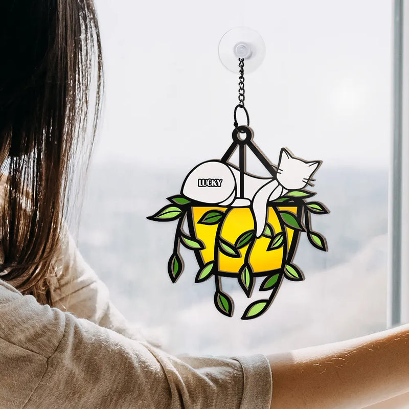 Sleeping Cat On Plant Pot - Personalized Window Hanging Suncatcher Ornament