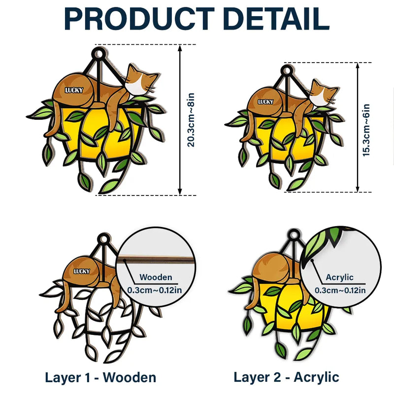 Sleeping Cat On Plant Pot - Personalized Window Hanging Suncatcher Ornament